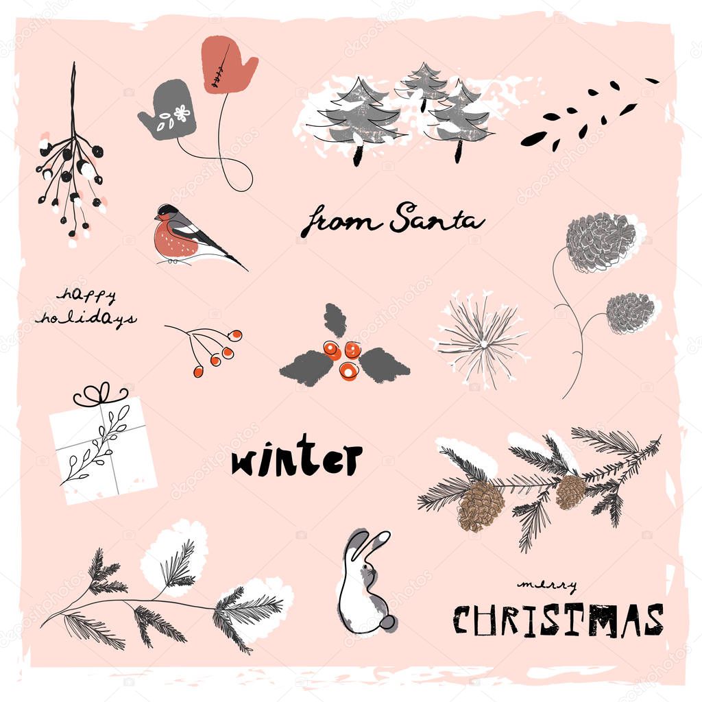 Christmas cute cartoon illustration clipart with different winter holidays symbols, animals and characters. hand drawn textures design concept