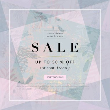 Sosyal medya afişi, kış gelen koleksiyonu veya mevsimlik satış promosyonu reklamları için. Ağaç süsleme elementlerinin suluboya resimleri taklit ettiği sevimli bir arka plan çizilmiş.