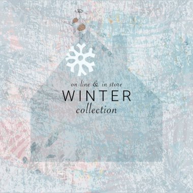 Sosyal medya afişi, kış gelen koleksiyonu veya mevsimlik satış promosyonu reklamları için. Ağaç süsleme elementlerinin suluboya resimleri taklit ettiği sevimli bir arka plan çizilmiş.