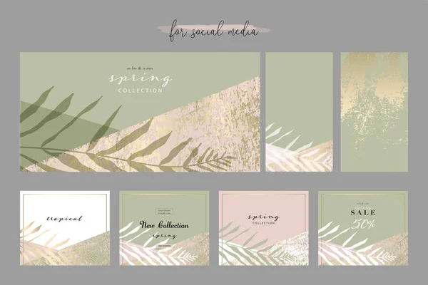 Social media banner templates for advertising spring arrivals collection or seasonal sales promotion. trendy hand drawn background textures and florals 
