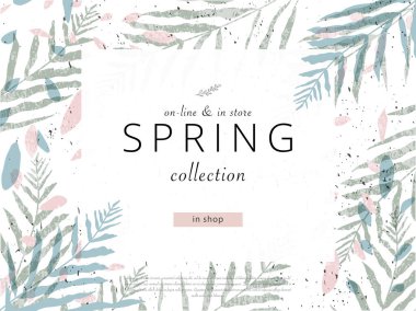 Sosyal medya afişi bahar geliş koleksiyonu ya da mevsimlik satış promosyonu için. Moda el çizimleri arka plan dokuları ve suluboya resimleri taklit eden çiçek unsurları