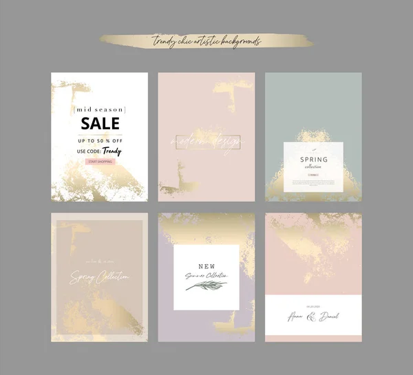 Chic nude pastel color decorative card templates with gold foil decorations — Stock Vector