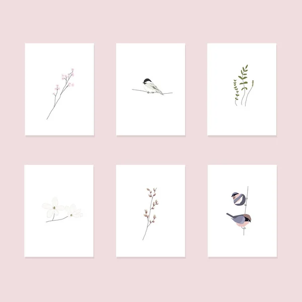 Lindas postales de primavera con elementos de primavera dibujados a mano — Archivo Imágenes Vectoriales
