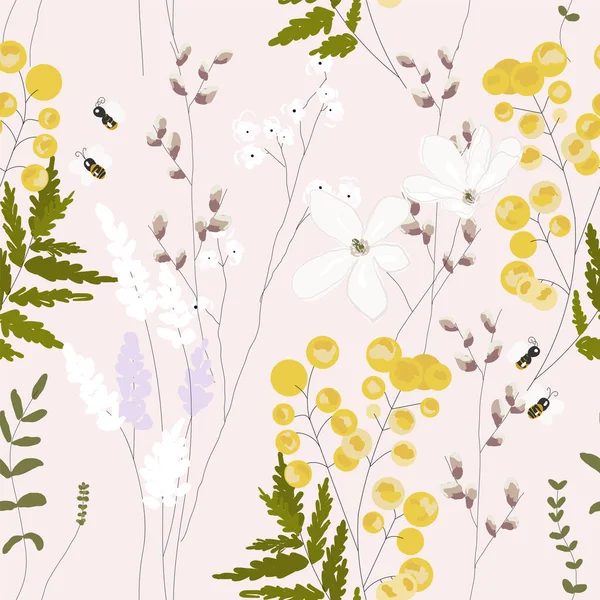 Εαρινό κήπο απρόσκοπτη μοτίβο με χειροποίητα λουλούδια άνοιξη — Διανυσματικό Αρχείο