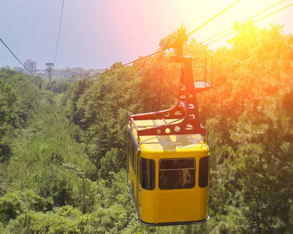 cable car cabin on a cable car in the mountains, on the ground you can see the grape field