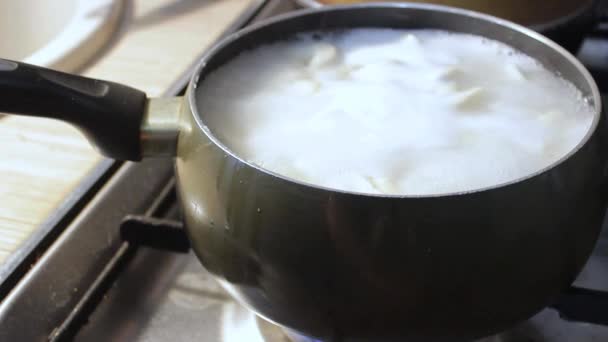 肉団子は台所の熱湯で調理されます 料理器具でスープをかき混ぜて食欲をそそります — ストック動画