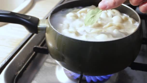 Bolinhos Carne São Cozidos Água Fervente Cozinha Chef Está Mexendo — Vídeo de Stock