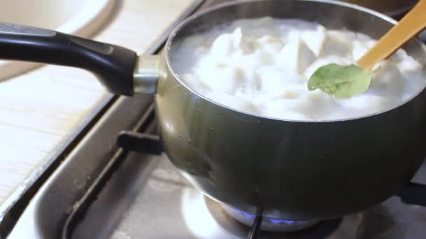Ζυμαρικά Κρέατος Μαγειρεύονται Βραστό Νερό Στην Κουζίνα Σεφ Ανακατεύει Ζωμό — Αρχείο Βίντεο