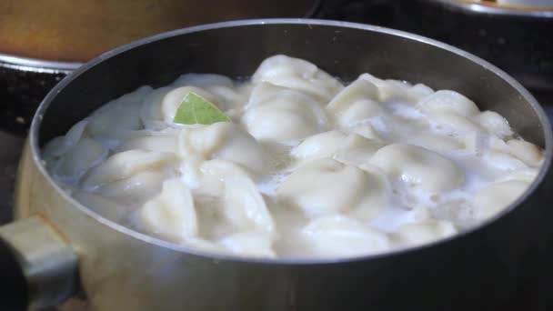 Ζυμαρικά Κρέατος Μαγειρεύονται Βραστό Νερό Στην Κουζίνα Σεφ Ανακατεύει Ζωμό — Αρχείο Βίντεο