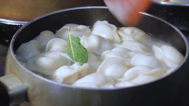 Albóndigas Carne Cocinan Agua Hirviendo Cocina Chef Está Agitando Caldo — Vídeos de Stock