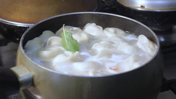 Bolinhos Carne São Cozidos Água Fervente Cozinha Chef Está Mexendo — Vídeo de Stock