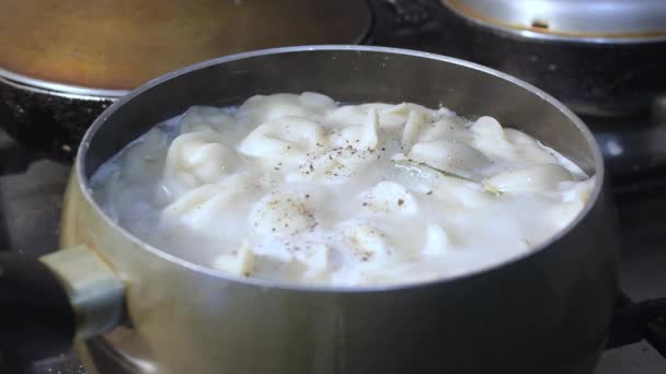 肉饺子在厨房的沸水中煮熟 厨师用炊具搅拌肉汤 引起食欲 — 图库视频影像