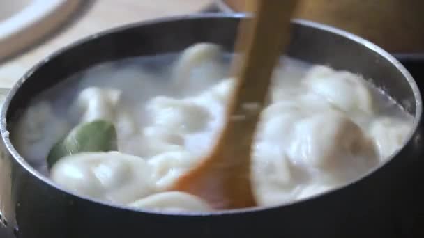 肉団子は台所の熱湯で調理されます 料理器具でスープをかき混ぜて食欲をそそります — ストック動画