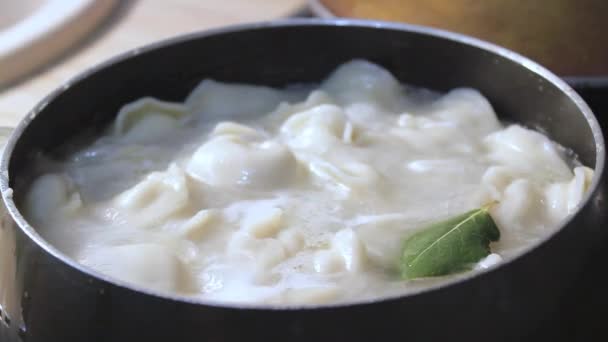 Gnocchi Carne Sono Cotti Acqua Bollente Cucina Chef Sta Mescolando — Video Stock