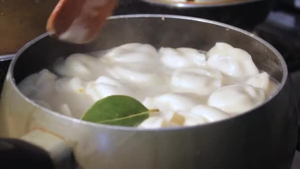 Gnocchi Carne Sono Cotti Acqua Bollente Cucina Chef Sta Mescolando — Video Stock