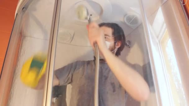 Sanitary Cleaning Shower Cabin Home Safety Coronavirus Man Gray Shirt — Stock Video