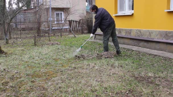 Młody Człowiek Jednorazowej Masce Ochrony Przed Koronawirusem Przeprowadza Wiosenne Czyszczenie — Wideo stockowe