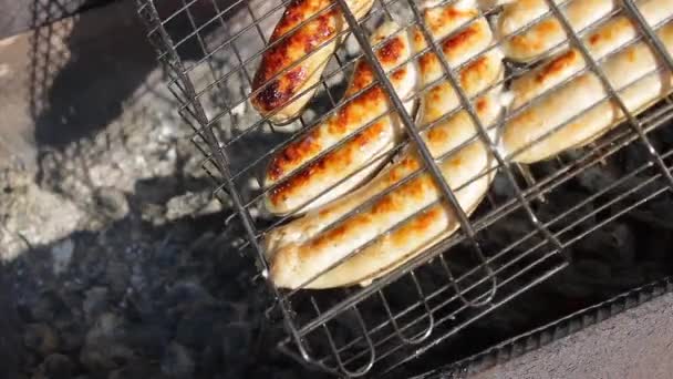 Kuperade Korvar Grill Kupaty Var Gjord Kyckling Och Fläsk Tarmar — Stockvideo