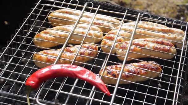 Salsichas Apetitosas Pimenta Vermelha Quente Grelha Kupaty Feito Frango Pimenta — Vídeo de Stock