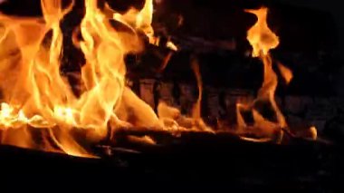 Yakacak odun, turuncu ve kırmızı alevler yakar. Geceleri sıcak ve sıcak olur. Aile turizmi, açık hava eğlencesi ve tatiller için bir reklam fikri. Sıcak ateş ve kömür