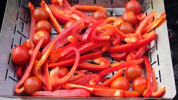 Smakelijke Groenten Rode Paprika Tomaten Gekookt Grill Mannelijke Hand Met — Stockvideo