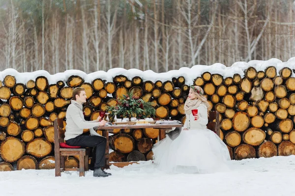 Fotosessão de casamento de inverno na natureza — Fotografia de Stock