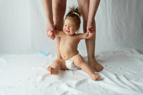 Little Girl Crying White Background Hands Father Hold Child — Stock Photo, Image