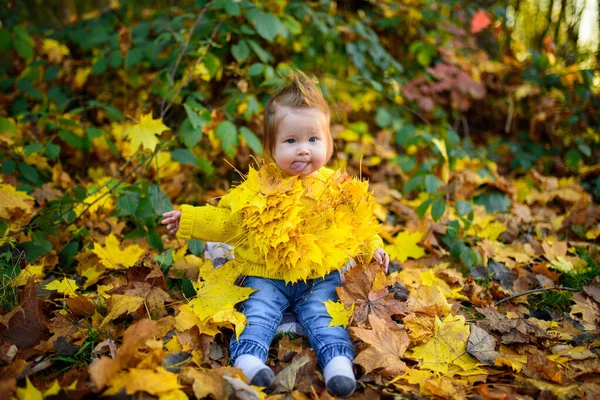 Mutlu Küçük Kız Dışarıda Gülüp Oynuyor Boynunda Sonbahar Yapraklarından Bir — Stok fotoğraf