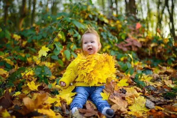 Mutlu Küçük Kız Dışarıda Gülüp Oynuyor Boynunda Sonbahar Yapraklarından Bir — Stok fotoğraf
