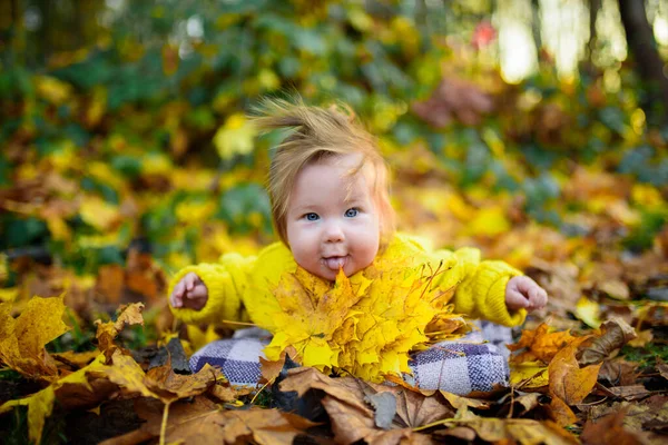 Niña Feliz Ríe Juega Aire Libre Cuello Hay Collar Hojas — Foto de Stock