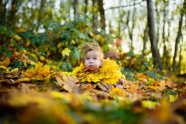 Menina Feliz Brinca Livre Pescoço Colar Folhas Outono — Fotografia de Stock