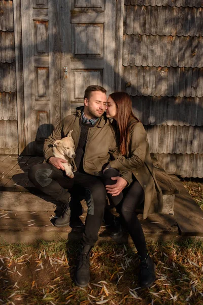 Lovely Couple Spending Autumn Day Outdoors Dog — Stock Photo, Image