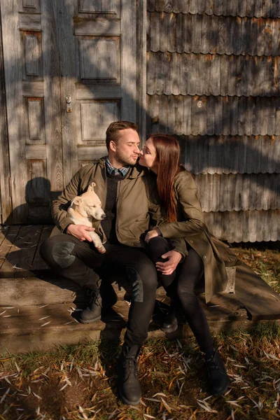 Lovely Couple Spending Autumn Day Outdoors Dog — Stock Photo, Image