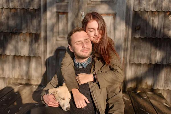 Lovely Couple Spending Autumn Day Outdoors Dog — Stock Photo, Image