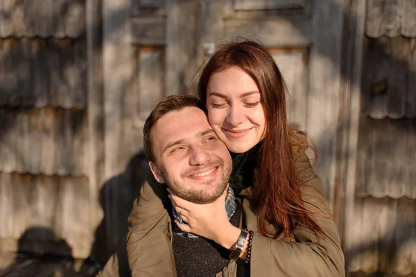 Lovely Couple Spending Autumn Day Outdoors Dog — Stock Photo, Image