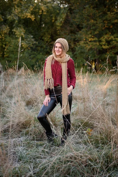 Portret Van Een Mooie Herfstvrouw Meisje Poseren Voor Camera — Stockfoto