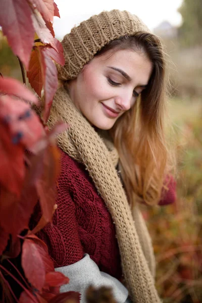 Porträt Einer Schönen Herbstfrau Mädchen Posiert Vor Der Kamera — Stockfoto