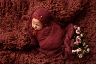 Yeni doğmuş bebek flocci üzerinde uyuyor.