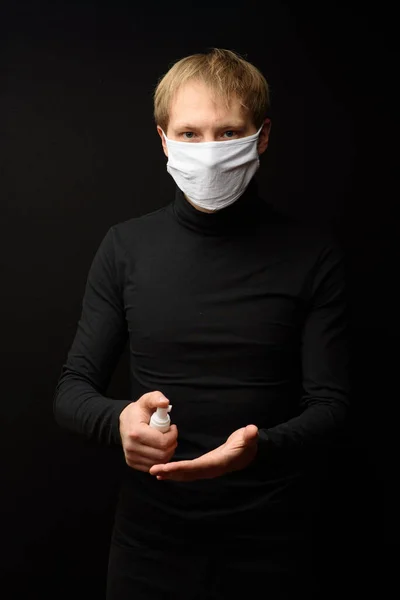 Portrait Man Medical Face Mask Using Disinfectant Spray Hands People — Stock Photo, Image