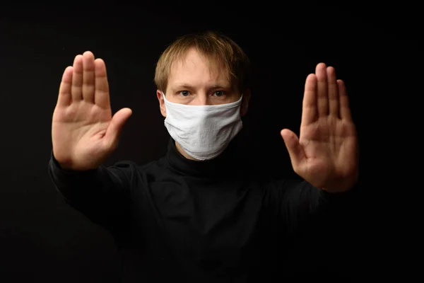 Middle Aged Man Medical Mask Shows Stop His Hand Concept — Stock Photo, Image