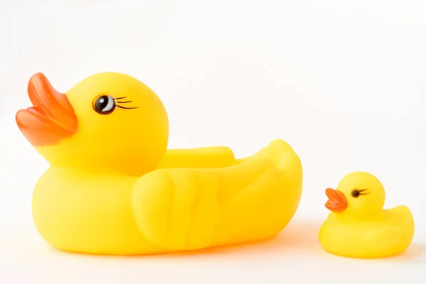 Juguete Inflable Amarillo Del Pato Con Patito Pequeño Aislado Sobre —  Fotos de Stock