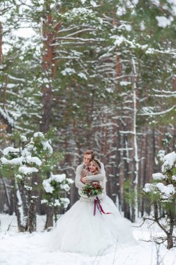 Karlı ormanda bej örülmüş kazaklar içinde gelin ve damat. Yeni evliler alınlarına dokunuyor. Kış düğünü. Boşluğu kopyala