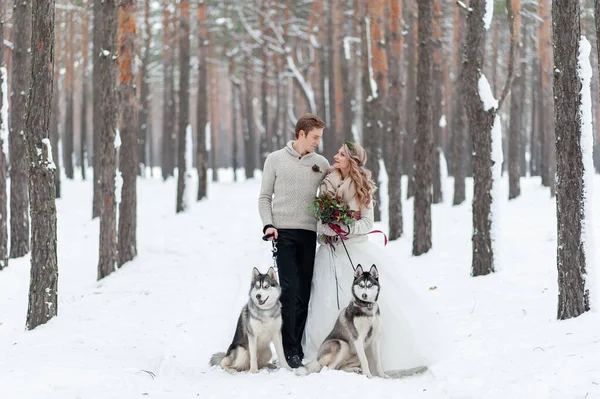 Casal Alegre Está Brincando Com Husky Siberiano Floresta Nevada Casamento — Fotografia de Stock