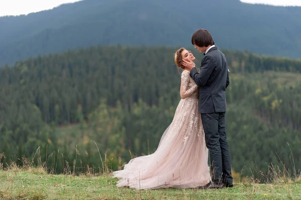 The bride and groom celebrate their wedding in the mountains. Wedding photography. Wedding ceremony for two.