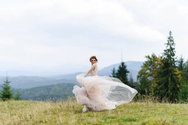 Mariée Dans Une Robe Rose Aérée Tourbillonne Joue Avec Robe — Photo