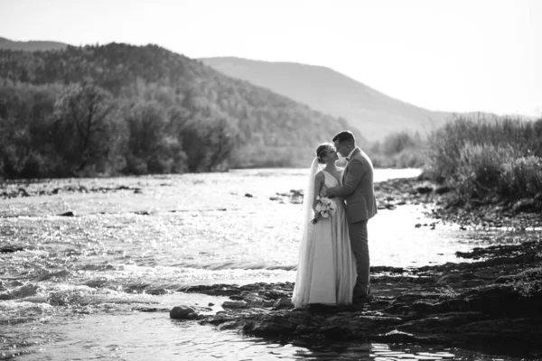 Sessão Fotos Casamento Noiva Noivo Nas Montanhas Fotografias Pôr Sol — Fotografia de Stock