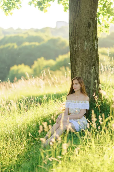 Sundress Giymiş Güzel Bir Kızın Portresi Gün Batımında Parkta Yaz — Stok fotoğraf