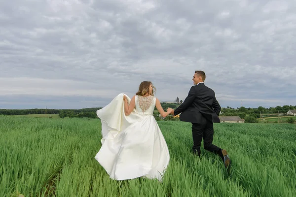 Gelinlik Giymiş Bir Çift Gün Batımında Yeşil Bir Tarlada Bir — Stok fotoğraf