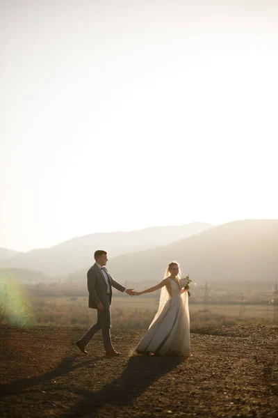 Gelin Damadın Dağlarda Çekilmiş Düğün Fotoğrafları Gün Batımında Fotoğraf Çekimi — Stok fotoğraf