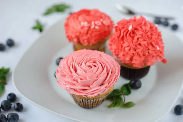 Deliciosos Cupcakes Multicolores Plato Blanco Sobre Fondo Blanco — Foto de Stock